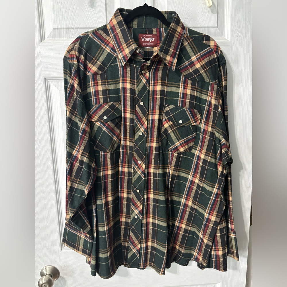 Vintage Wrangler Pearl Snap Shirt Mens 2XL Plaid Big Man Western Flannel